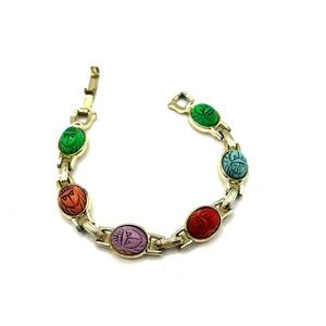 Vintage 6 Scarab Multicolor Cabochon Gemstone Gold Tone Exotic Scarabs